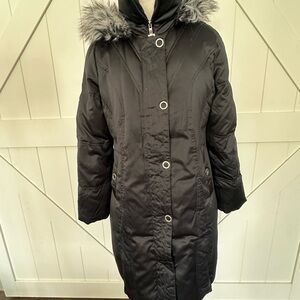 Women's Black Hooded Coat with Faux Fur Trim